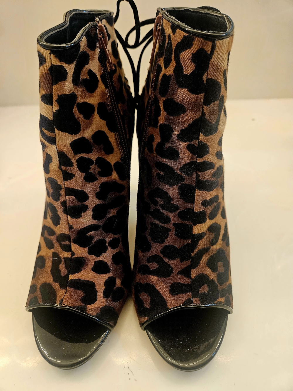 Leopard Print Peep-Toe Ankle Boots - Brown